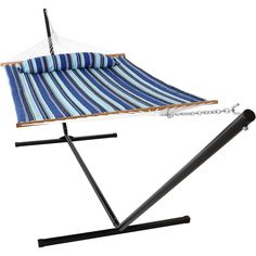 a blue and white striped hammock sitting on top of a black metal stand