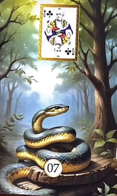 a painting of a snake on top of a tree trunk in front of a playing card