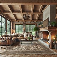 a living room filled with lots of furniture and a fire place in the middle of it