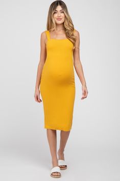 A comfortable & casual maternity dress perfect for any day!  A sleeveless fitted dress featuring a ribbed texture and a square neckline. The Mustard Ribbed Fitted Maternity Dress is perfectly bump-friendly! Yellow Maternity Dress, Mama To Bee, Casual Maternity Dress, Fitted Maternity Dress, Casual Maternity, Bee Baby, Bee Baby Shower, Pink Blush Maternity, Maternity Style