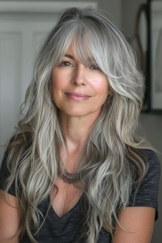 Long Hair With Bangs Over 50, Hairstyles For Gray Hair Over 50, Long Hair Styles For 50+ Women, Gray Hair With Bangs, Medium Layers, Long Hair Older Women, Bangs Styles, Fall Haircuts