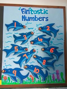 a bulletin board with numbers and dolphins on it