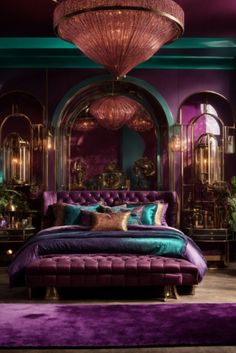 a bedroom with purple and green decor in the corner, including a bed that is surrounded by gold chandeliers