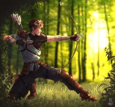 a man in the woods shooting an arrow