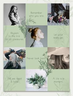 a collage of photos with the words, flowers and leaves on it's side