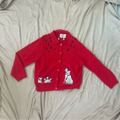 Embroidered Red Button Down Collared Sweater Has Some Moth Holes Size Xl Disney 101 Dalmatians, Disney Sweaters, Red Button, 101 Dalmatians, Disney Ladies, Vintage Disney, Dalmatian, Wool Sweaters, Colorful Sweaters