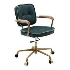 a green office chair sitting on top of a metal base with wheels and casteors