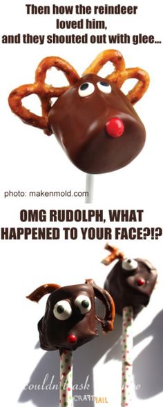 two chocolate reindeer lollipops with pretzels sticking out of their mouths