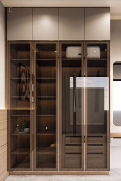 the closet is made up of glass doors and wooden shelves with sliding doors on both sides