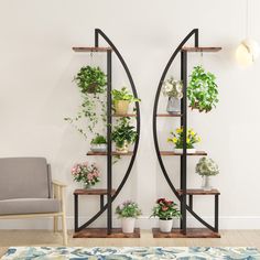 a living room filled with furniture and lots of potted plants on top of shelves