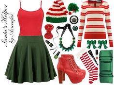 a woman in red and green outfit with christmas accessories