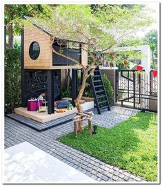 a small house with a tree in the yard