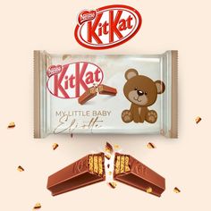 a kitkat chocolate bar with an image of a teddy bear on the front and side