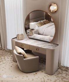 a mirror sitting on top of a vanity next to a bed in a room filled with furniture