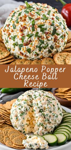 jalapeno popper cheese ball recipe with crackers and cucumbers