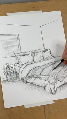 a person is drawing a bed in a room