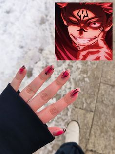 #sukuna #jjk #jujutsukaisen #nails Sukuna Nails Short, Sukuna Nail Ideas, Jjk Themed Nails, Sukuna Inspired Nails, Jjk Nail Ideas, Sukuna Nails Design, Jjk Inspired Nails, Gojo Nails Inspired, Subtle Anime Nails