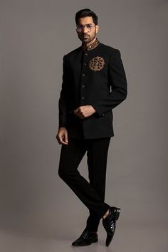 Shop for Jayesh Shah Black Polinosic Blended Placement Embroidered Jodhpuri And Pant Set for Men Online at Aza Fashions Embroidered Tailored Kurta For Workwear, Fitted Embroidered Kurta For Work, Embroidered Fitted Kurta For Work, Formal Embroidered Festive Pants, Formal Festive Embroidered Pants, Traditional Embroidered Workwear Sets, Elegant Bandhgala With Embroidered Border For Formal Occasions, Elegant Formal Bandhgala With Embroidered Border, Embroidered Bandhgala For Festive Workwear