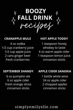 the boozy fall drink recipe is shown in black and white, with text on it