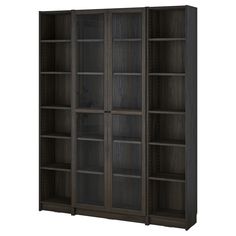 an open bookcase with glass doors on the front and bottom shelves in dark wood