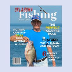 an older man holding a fish on the cover of a magazine with fishing in it