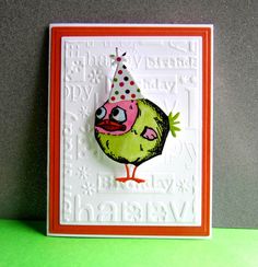 a card with a bird wearing a party hat