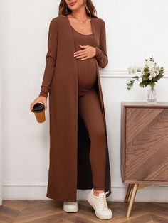 Marrón Casual,Elegante,Sencillo Collar   Liso  Embellished Elástico Ligero Maternity Outfits For Plus Size Women, Fall Pregnant Outfits, Cute Maternity Outfits For Winter, Holiday Maternity Outfits, Pregnant Winter Outfits, Comfortable Maternity Outfits, Maternity Outfits Fall, Maternity Pants Outfit, Maternity Two Piece