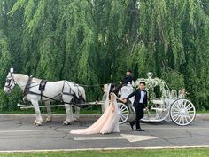 a man and woman are standing in front of a horse drawn carriage