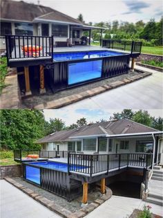 two pictures of a house with an above ground swimming pool in the middle and below