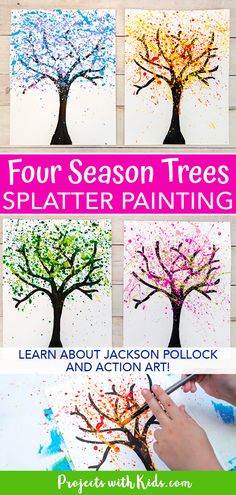 four season trees splatter painting with text overlay