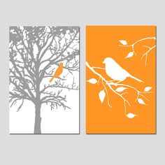 two pictures with birds on them, one is orange and the other is gray