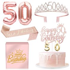 pink and gold 50th birthday party supplies including balloons, cake topper, tiara