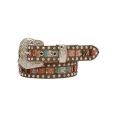 Introducing the Angel Ranch Girls Belt, a stylish accessory designed to add a touch of Western flair to any outfit. Crafted from high-quality distressed brown leather, this belt features a unique multi-colored fabric inlay that adds a vibrant, eye-catching detail. Adorned with antique silver tone studs and clear crystals, it combines rugged charm with a hint of sparkle. The removable silver tone buckle, also set with clear crystals, allows for versatile styling options. Perfect for any young fashionista, the Angel Ranch Girls Belt is a versatile piece that effortlessly enhances both casual and dressy ensembles. Girls Belt, Girls Belts, Colored Fabric, The Angel, Clear Crystals, Stylish Accessories, Clear Crystal, Front Porch, Multi Colored