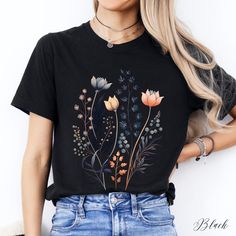 Pastel Flower Unisex Tee Shirt | Botanical Shirt | Boho Flower Tee | Cottagecore Clothes ✔️ Soft, light and comfortable unisex short sleeve tee ✔️ 100% Airlume combed and ringspun cotton (fiber content may vary for different colours*) ✔️ Light fabric (4.2 oz/yd² (142 g/m ✔️ Retail fit 📏 Runs true to size ✔️ Dual side seams for structural support of the garment help hold its shape longer ✔️ Ribbed knit elastic collars to bolster shaping, twill taped shoulders to prevent stretching and for better Clothes Cottagecore, Flower T Shirt, Goblincore Aesthetic, Cottagecore Clothes, Aesthetic Flower, Botanical Shirt, Floral Graphic, Pastel Flowers, Limassol