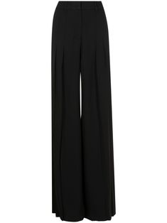 jet black crepe texture tonal stitching pleat detailing belt loops concealed front fastening high-waisted wide leg two side slash pockets straight hem