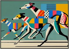 an image of three greyhounds running in the same direction with different colors and patterns