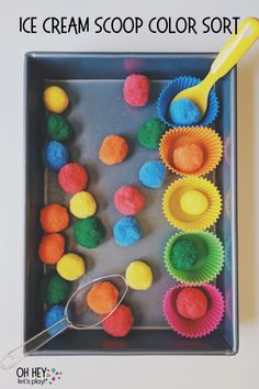 an ice cream scoop color sorter with cupcake liners and colorful icing