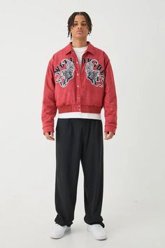 Boxy Suede Embroidered Varsity Jacket | boohooMAN USA Sporty Cotton Varsity Jacket With Embroidered Logo, Cotton Varsity Jacket With Embroidered Patch For Streetwear, Sporty Embroidered Varsity Jacket For Streetwear, Black Cotton Varsity Jacket With Embroidered Logo, Luxury Embroidered Varsity Jacket For Streetwear, Gym Jacket, Going Out Shirts, Race Day Outfits, Suits Prom