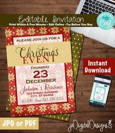 christmas party flyer with laptop and phone on the table next to it, including an image of