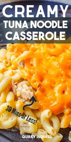 a close up of a plate of macaroni and cheese with the words tuna noodle casserole above it