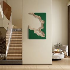 a living room filled with furniture and a painting on the wall next to a stair case