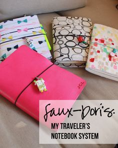 four notebooks sitting on top of a couch with the title faux - dori's my traveler's notebook system