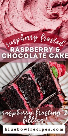 raspberry frosted chocolate cake on a white plate with the title overlay