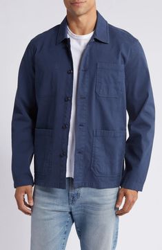 Faherty Comfort Twill Chore Jacket | Nordstrom Classic Cotton Button-up Outerwear, Utility Long Sleeve Cotton Outerwear, Utility Cotton Outerwear With Pockets, Cotton Utility Outerwear With Pockets, Cotton Button-up Outerwear With Welt Pockets, Blue Workwear Shacket With Buttoned Pockets, Cotton Outerwear With Pockets For Fall, Blue Relaxed Fit Shacket With Patch Pockets, Blue Shacket With Patch Pockets And Relaxed Fit