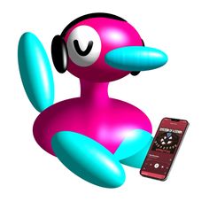 a pink bird with headphones is next to a cell phone