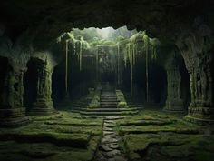 an underground cave with moss growing on the walls and steps leading up to it's entrance