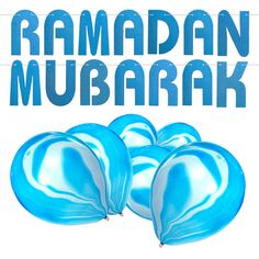 an advertisement for ramadan mubarak with blue balloons in the middle and white background