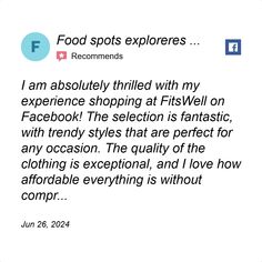 a tweet with the caption'food spots explorer recommenders i am absolutely thirded with my experience shopping at firstwell on facebook