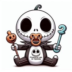 a cartoon skeleton holding a pumpkin and a wrench