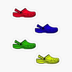 four pairs of clogs stickers in different colors on a white background with space for text